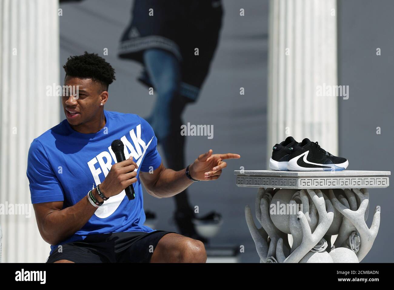 REFILE - CORRECTING STYLE Milwaukee Bucks forward and NBA's MVP Giannis  Antetokounmpo speaks during an official presentation event of a Nike Shoe,  in Athens, Greece June 28, 2019. REUTERS/Costas Baltas Stock Photo - Alamy