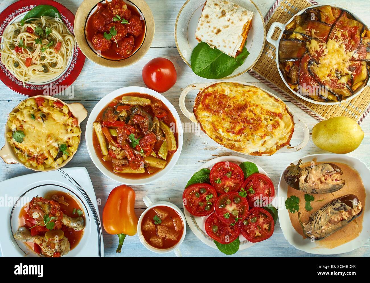 Sicilian cuisine, Traditional assorted Italy dishes, Top view. Stock Photo