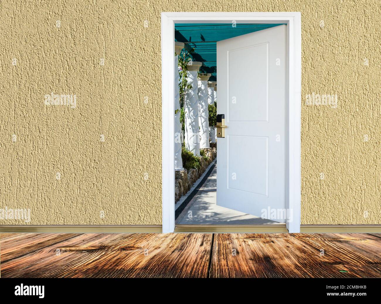 room with wooden floors, open door Stock Photo Alamy