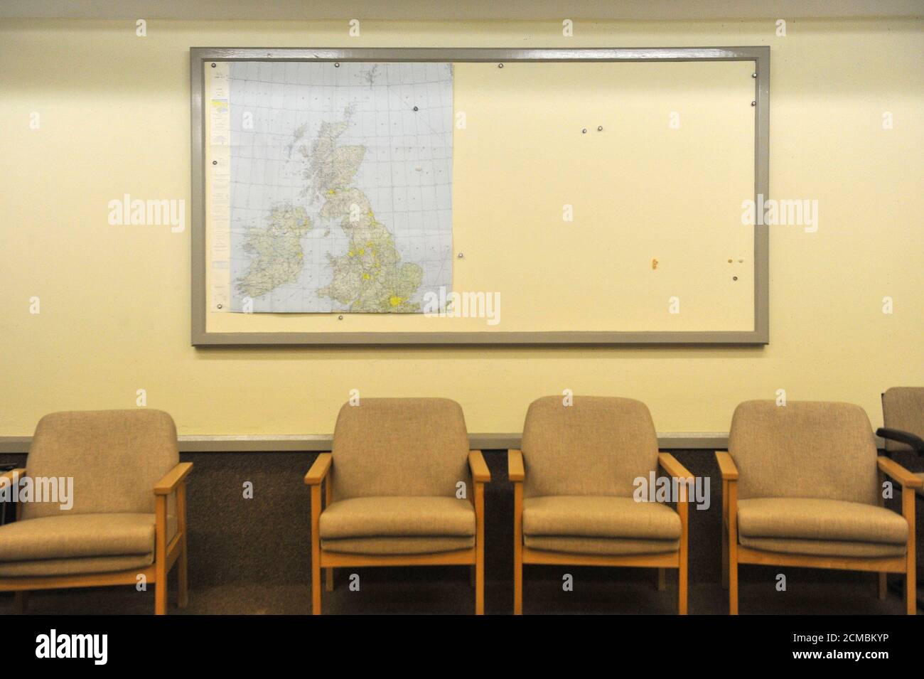 Lounge room is seen in a former Regional Government HQ Nuclear bunker built by the British government during the Cold War which  has come up for sale in Ballymena, Northern Ireland on February 4, 2016. It is owned by the Office of Northern Ireland's First Minister and Deputy First Minister and capable of accommodating 236 personnel for extended periods. A large range of the original fixtures and fittings are to be included in the sale. It is believed to be one of the most technically advanced bunkers built in the UK with an array of advanced life support systems. In the event of a nuclear atta Stock Photo