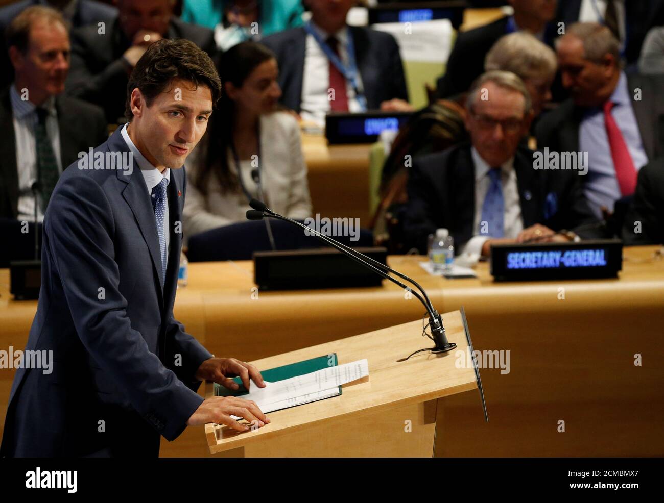 Canadian Prime Minister Justin Trudeau speaks during a High Level Leaders Meeting on Refugees on the sidelines of the United Nations General Assembly at United Nations headquarters in New York City, U.S. September 20, 2016.  REUTERS/Brendan McDermid Stock Photo