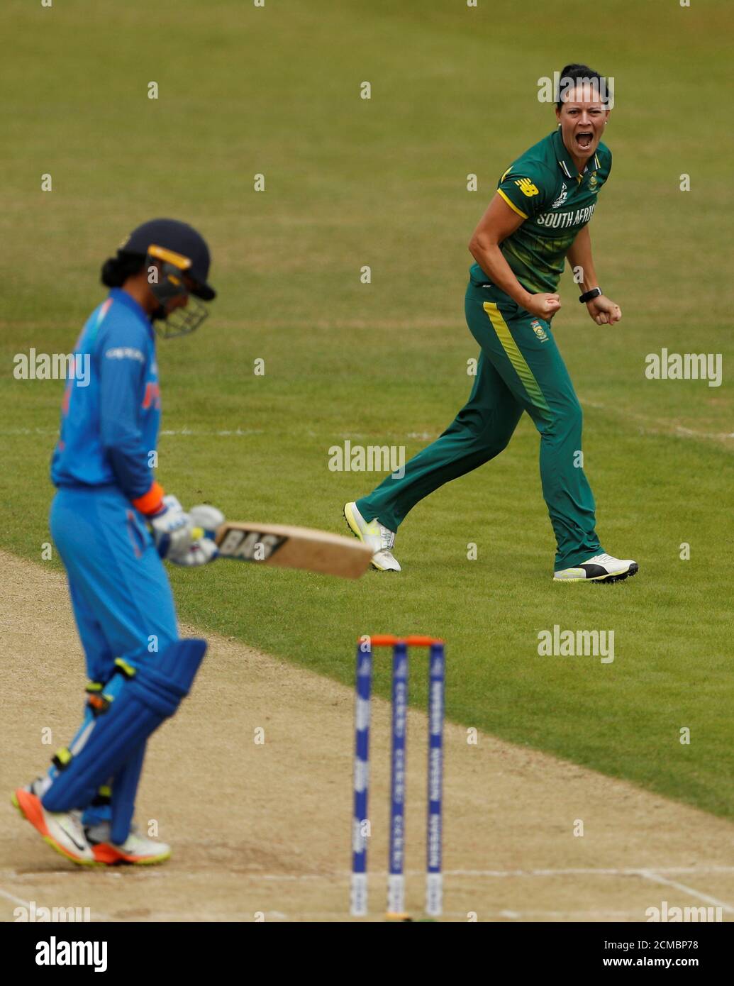 Cricket - South Africa vs India - Women's Cricket World Cup - Leicester, Britain - July 8, 2017   South Africa's Marizanne Kapp celebrates the wicket of India's Smriti Mandhana   Action Images via Reuters/Lee Smith Stock Photo