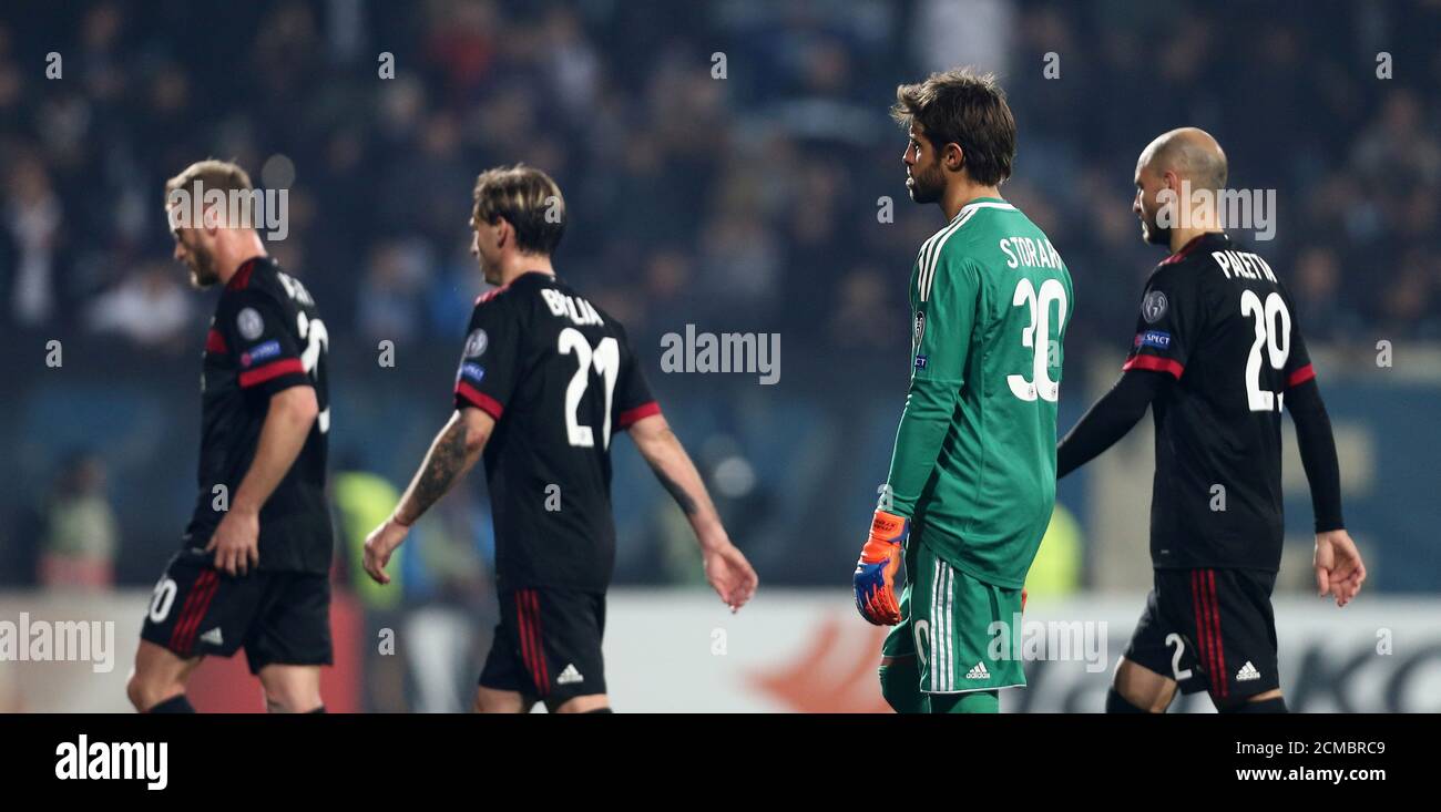 Soccer Football - Europa League - HNK Rijeka vs AC Milan - Stadion HNK  Rijeka, Rijeka, Croatia - December 7, 2017 AC Milan's Marco Storari,  Gabriel Paletta and Lucas Biglia look dejected