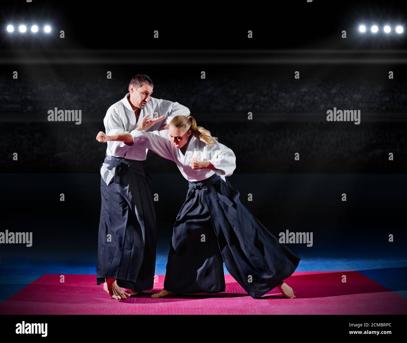 Fight between two aikido fighters at sport hall Stock Photo