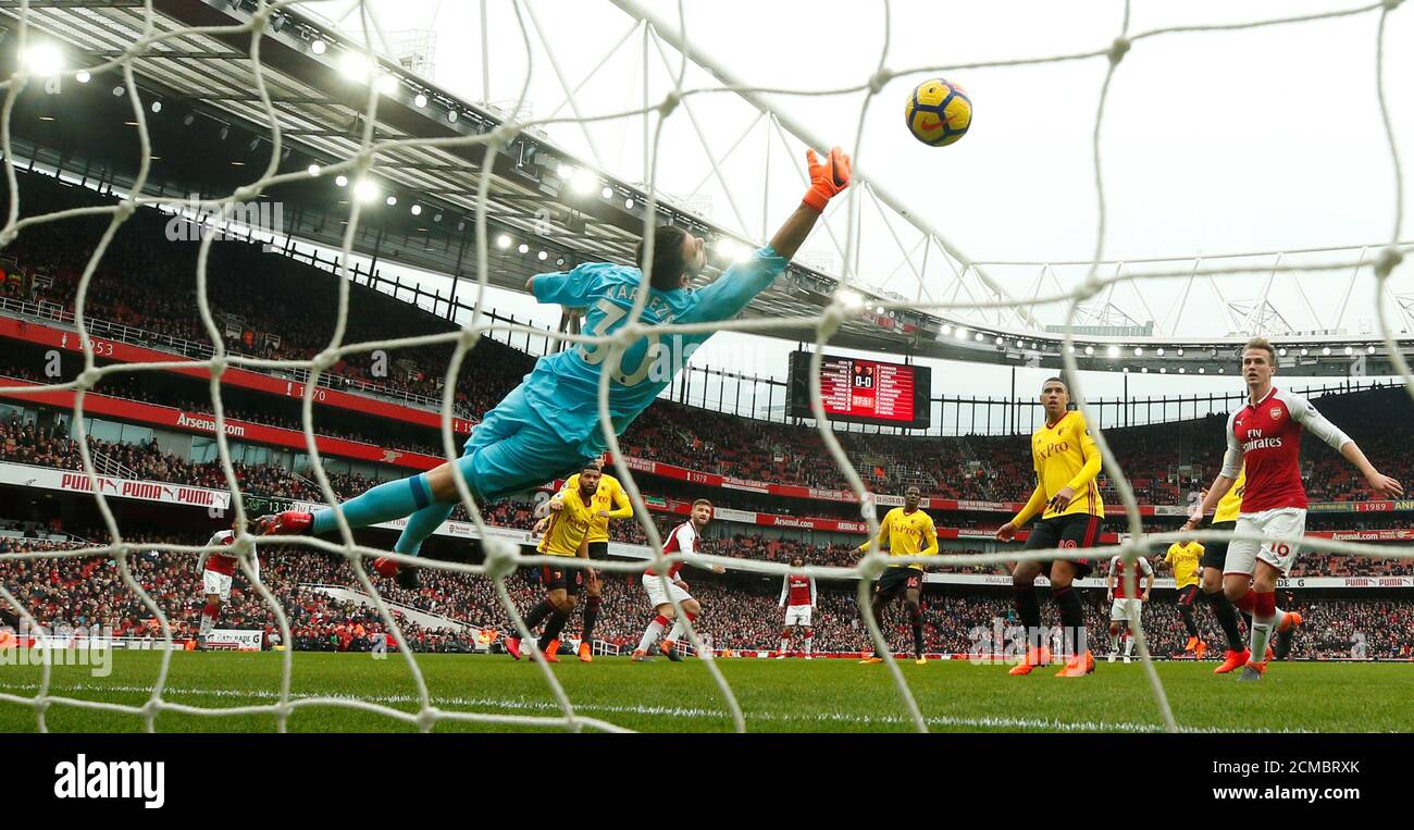 Soccer Football - Premier League - Arsenal vs Watford - Emirates Stadium, London, Britain - March 11, 2018   Arsenal's Shkodran Mustafi scores their first goal                  REUTERS/Eddie Keogh    EDITORIAL USE ONLY. No use with unauthorized audio, video, data, fixture lists, club/league logos or "live" services. Online in-match use limited to 75 images, no video emulation. No use in betting, games or single club/league/player publications.  Please contact your account representative for further details. Stock Photo