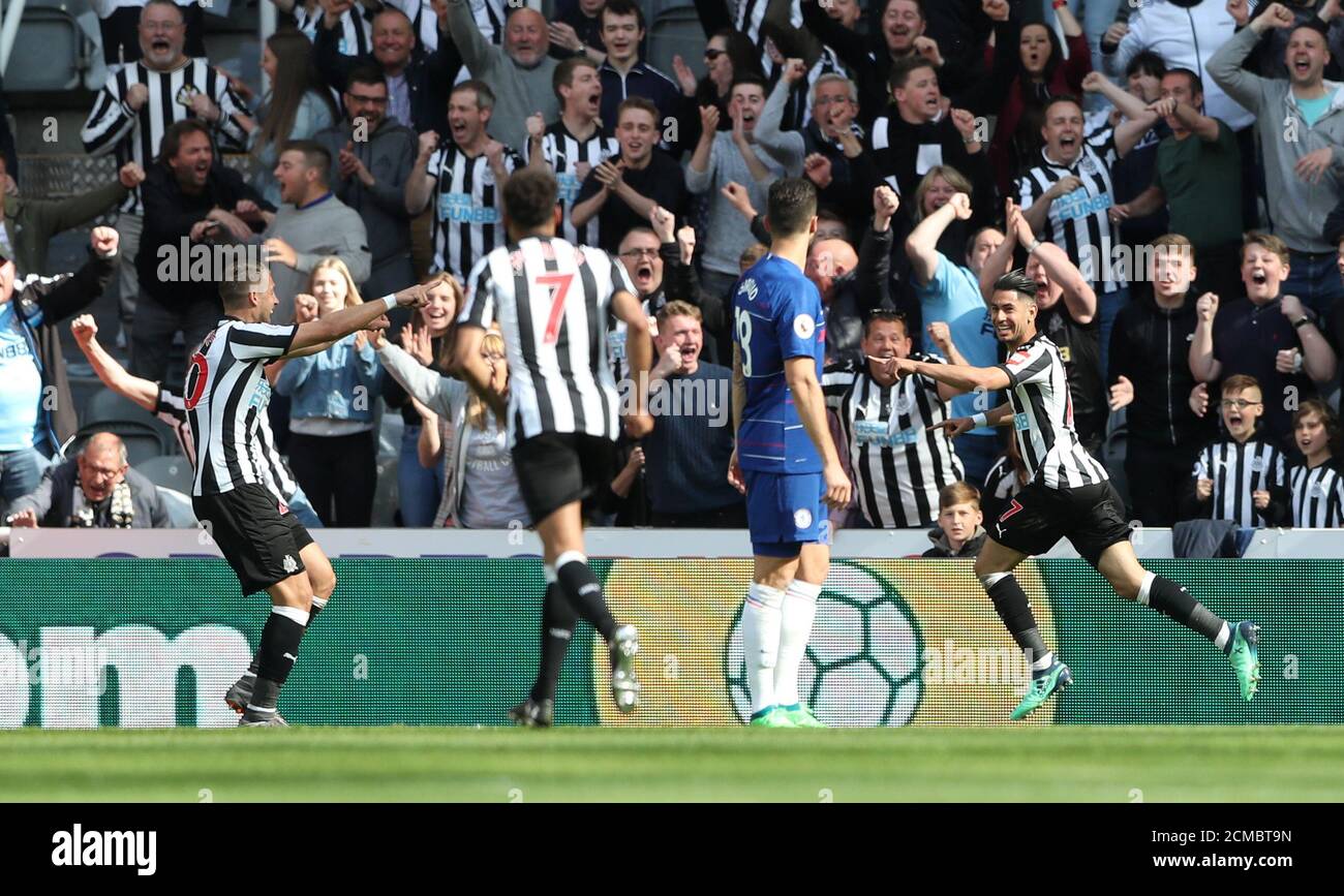 Soccer Football - Premier League - Newcastle United vs Chelsea - St James' Park, Newcastle, Britain - May 13, 2018   Newcastle United's Ayoze Perez celebrates scoring their third goal    REUTERS/Scott Heppell    EDITORIAL USE ONLY. No use with unauthorized audio, video, data, fixture lists, club/league logos or 'live' services. Online in-match use limited to 75 images, no video emulation. No use in betting, games or single club/league/player publications.  Please contact your account representative for further details. Stock Photo