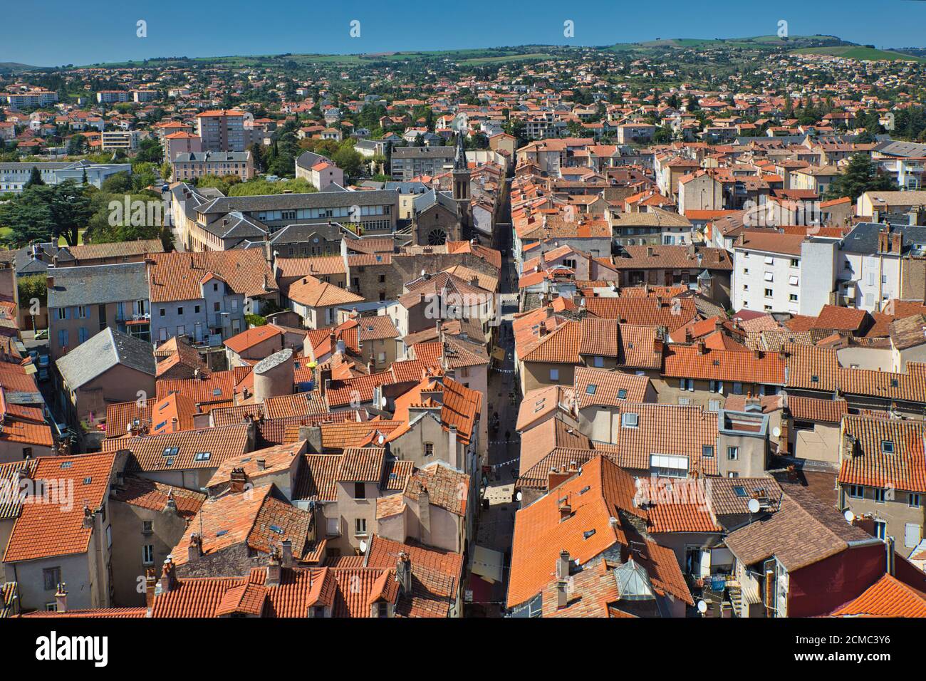 Looking down over the red tiled roofs of Millau town, Aveyron, France Stock Photo