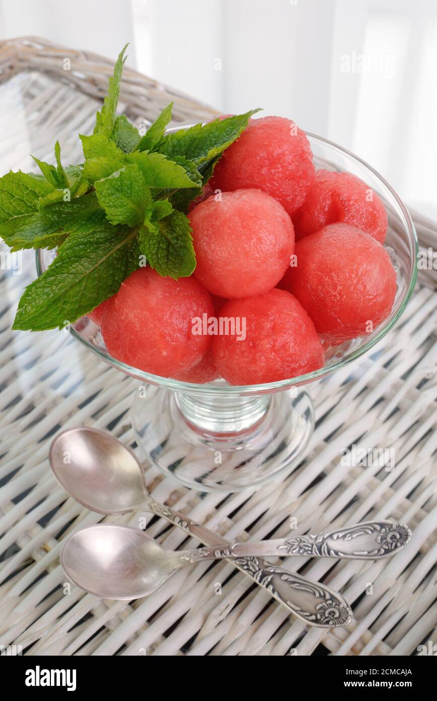 Chilled appetizer of watermelon balls Stock Photo Alamy