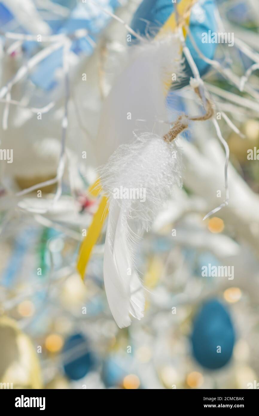 colorfull easter egg tree. brights eggs and tender feathers hanging from branches. Stock Photo