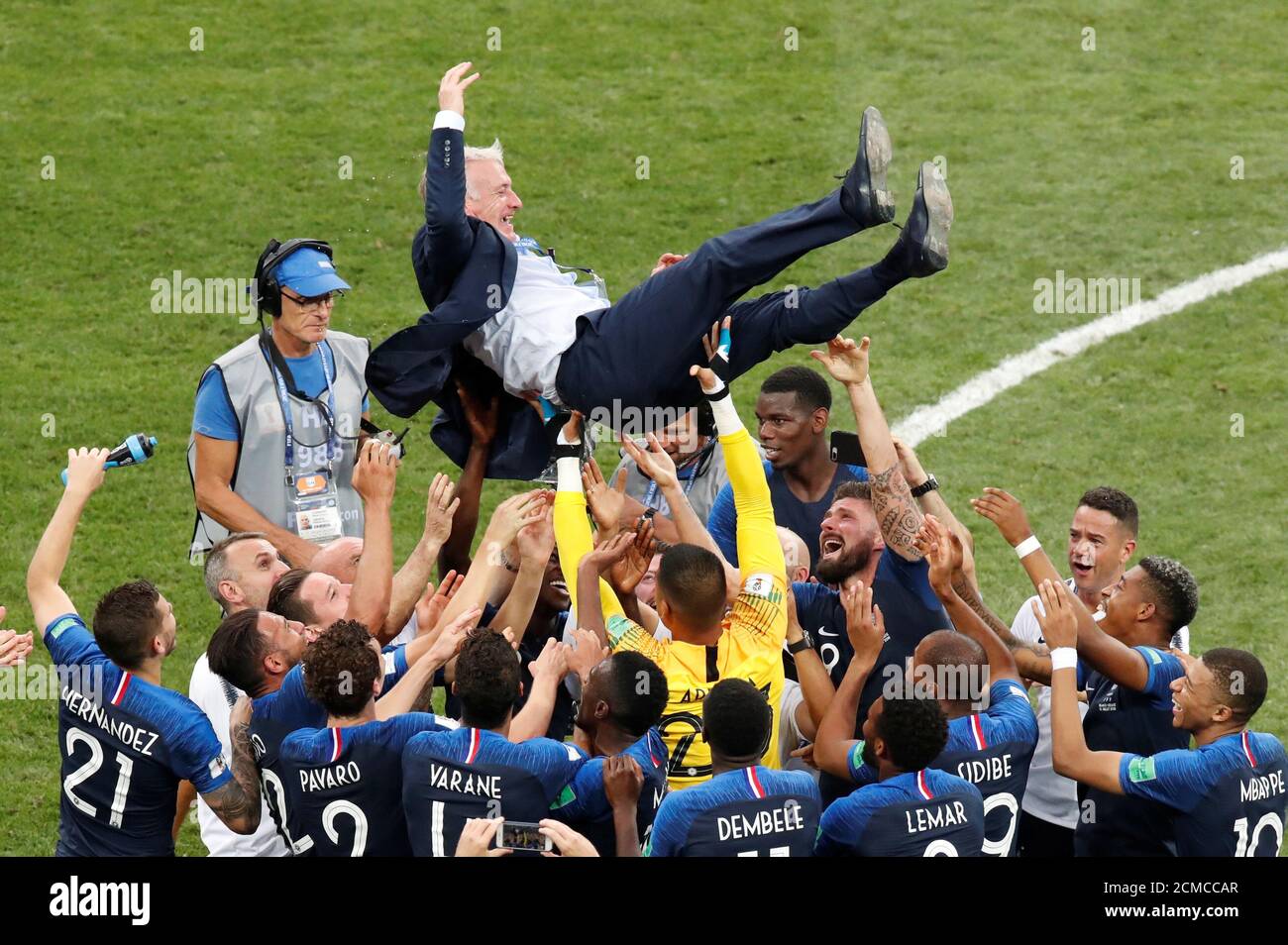 Soccer Football World Cup Final France V Croatia Luzhniki Stadium Moscow Russia July 15 2018 France Coach Didier Deschamps Is Held Up By Players To Celebrate Winning