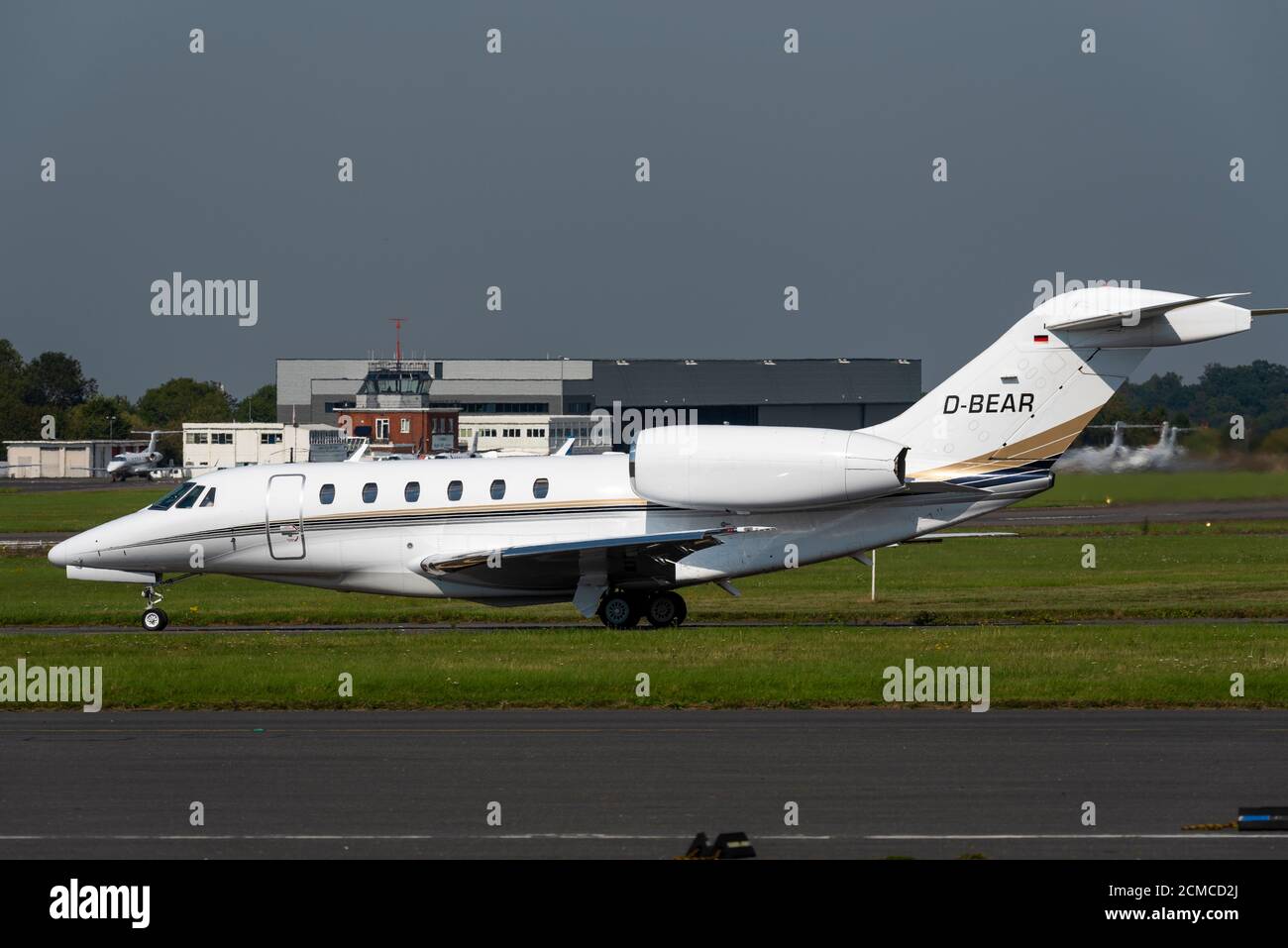 Cessna 750 Citation X executive jet plane D-BEAR owned by Air X Charter taxiing at Biggin Hill Airport, Kent, UK. AirX Charter air travel business Stock Photo