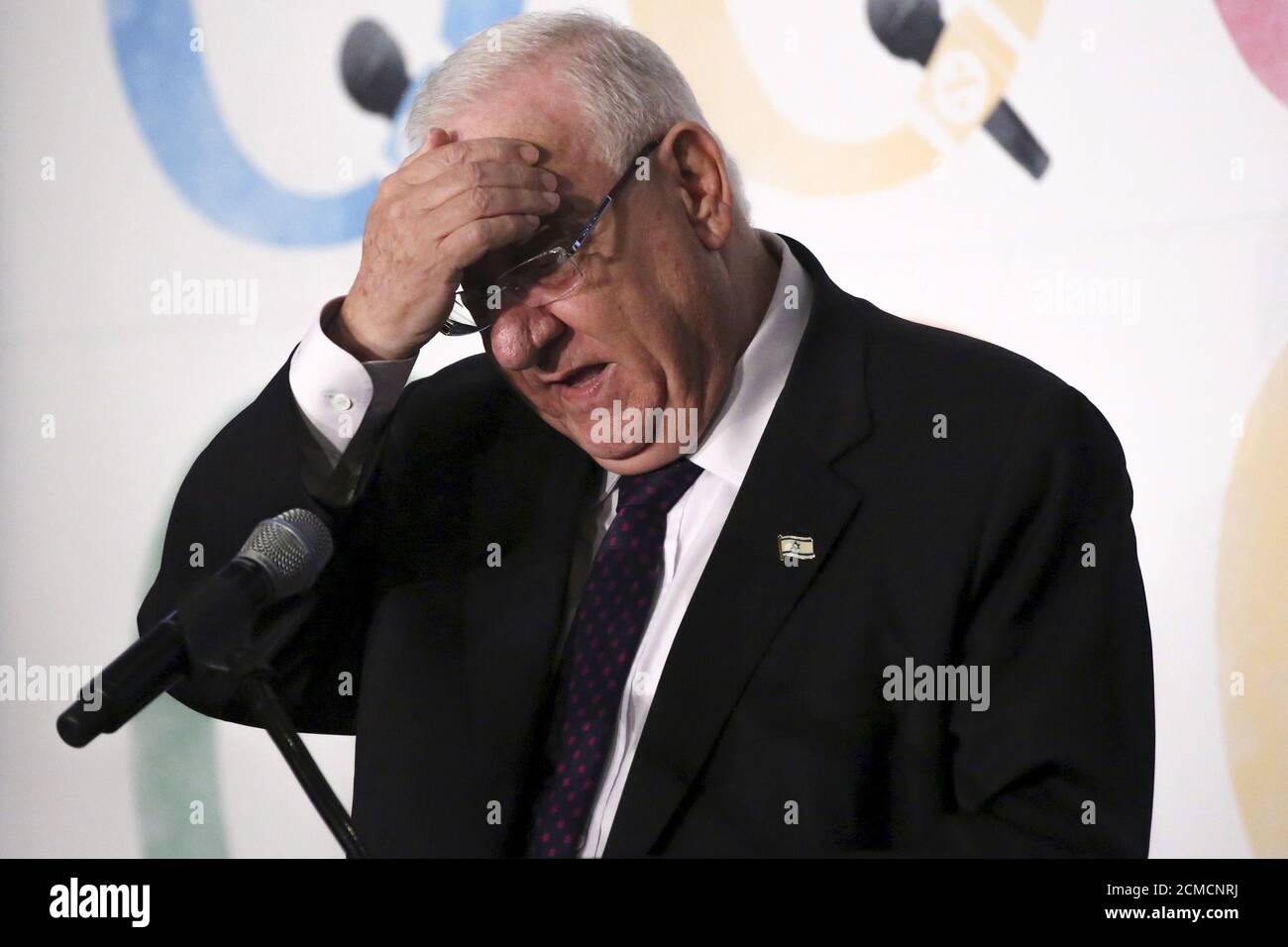 Israeli President Reuven Rivlin addresses attendees at the 'Haaretz Q: with New Israel Fund' event at The Roosevelt Hotel in the Manhattan borough of New York City, December 13, 2015. REUTERS/Andrew Kelly Stock Photo