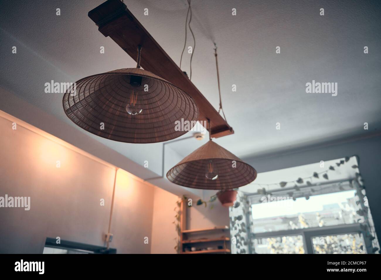 Chinese hat shaped lantern in tea house. Traditional chinese tea house Stock Photo