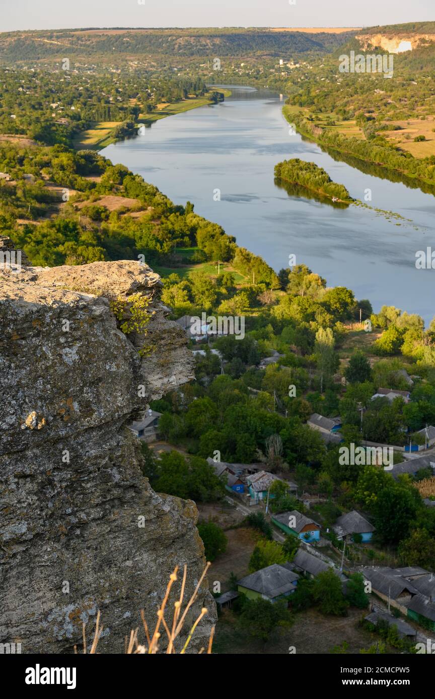 View to Socola village and Dniester river from the high cliff, Moldova Stock Photo