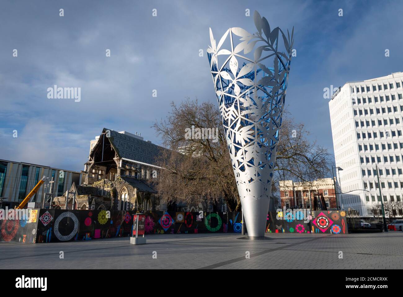 Conical steel sculpture and earthquake damaged cathedral, Cathedral Square, Christchurch, Canterbury, South Island, New Zealand Stock Photo