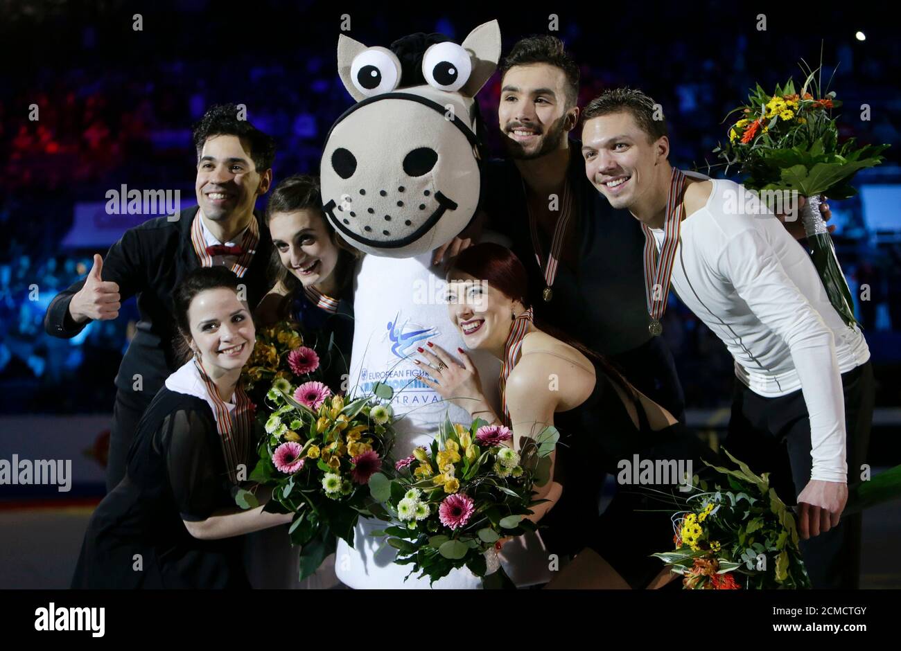 Figure Skating - ISU European Championships 2017 - Ice Dance Victory  Ceremony - Ostrava, Czech Republic, 28/1/17. Gold medallists Gabriella  Papadakis and Guillaume Cizeron of France, silver medallists Anna Cappellini  and Luca