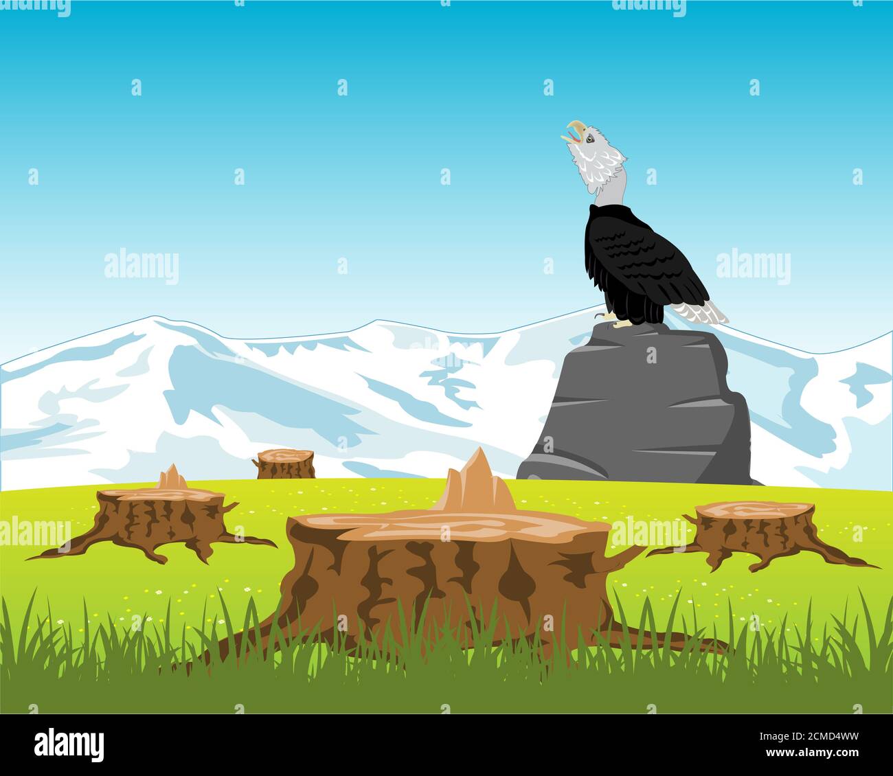 Sawed down wood and eagle on stone Stock Photo