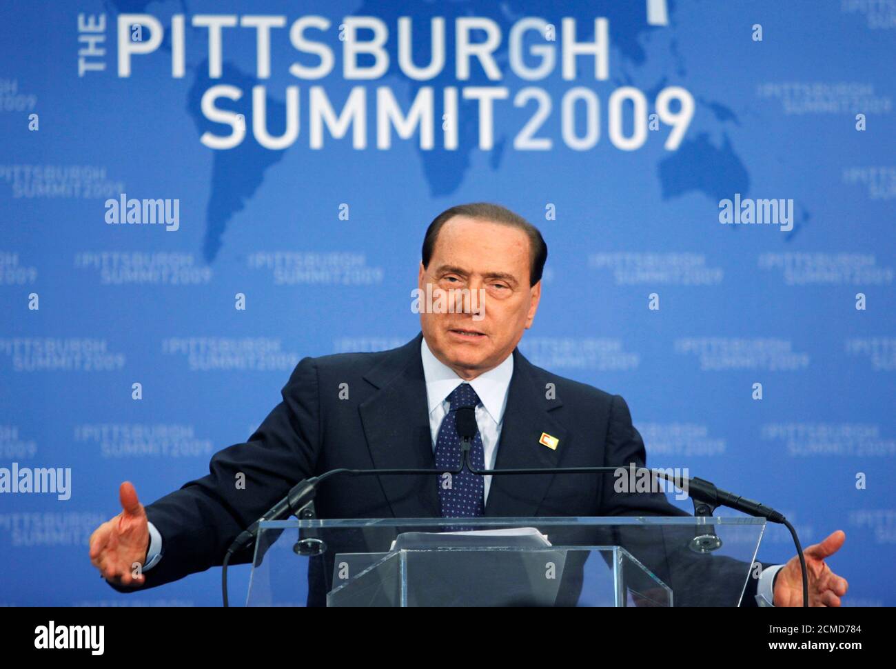 Italy's Prime Minister Silvio Berlusconi speaks about the results of the G20 Summit at a post summit news conference after the conclusion of the summit in the Pittsburgh Convention Center in Pittsburgh, Pennsylvania, September 25, 2009. REUTERS/Jim Bourg (UNITED STATES POLITICS BUSINESS) Stock Photo