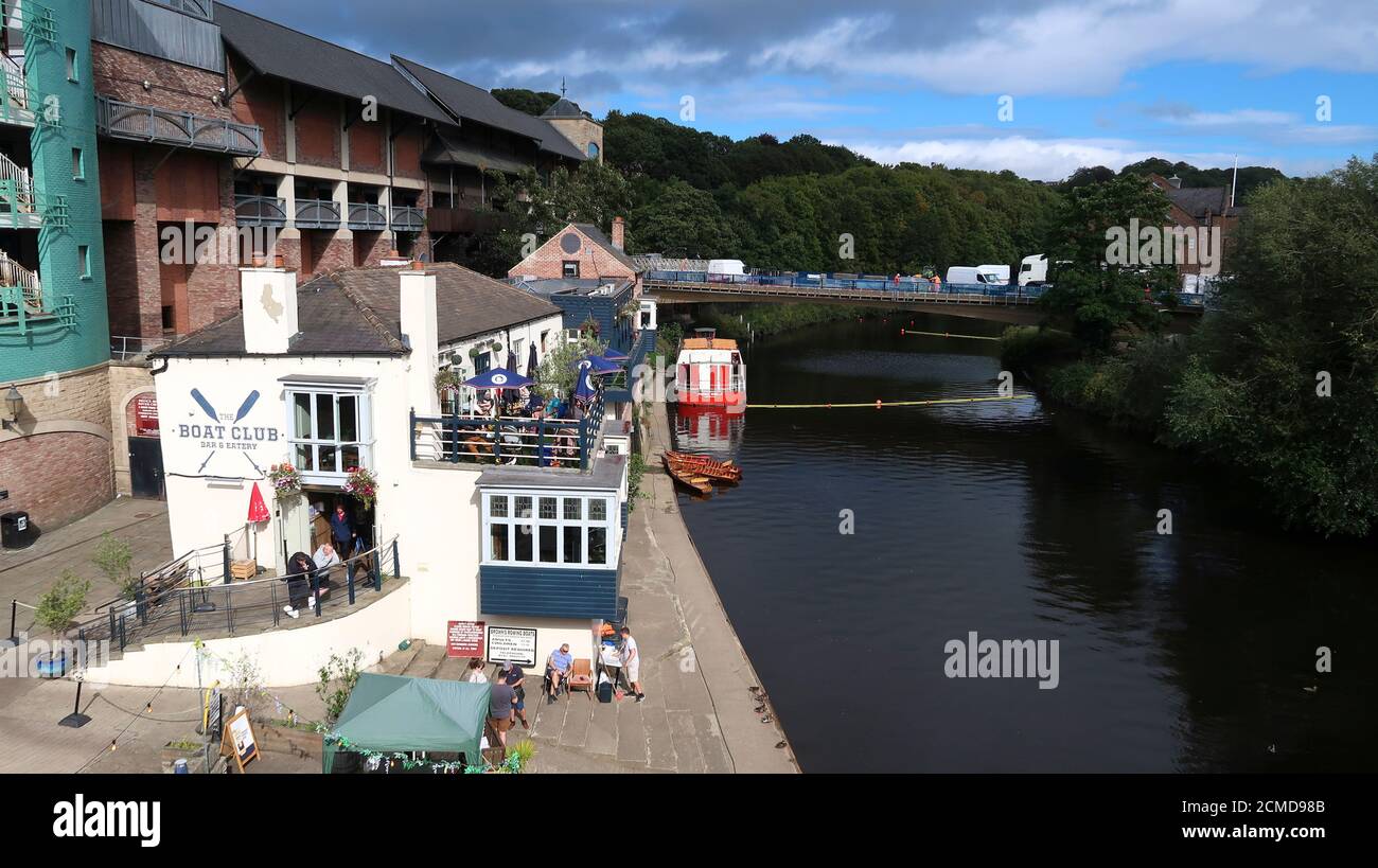 The Boat Club & Tomahawk Steakhouse on the River Wear Durham Stock Photo