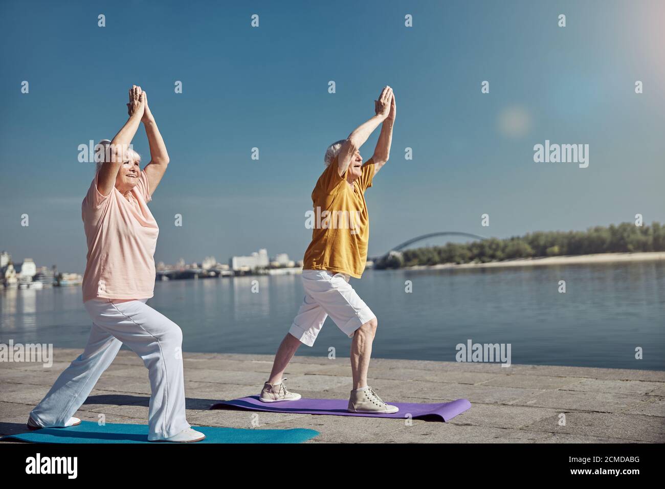 Senior lady and her spouse doing the warrior one pose Stock Photo