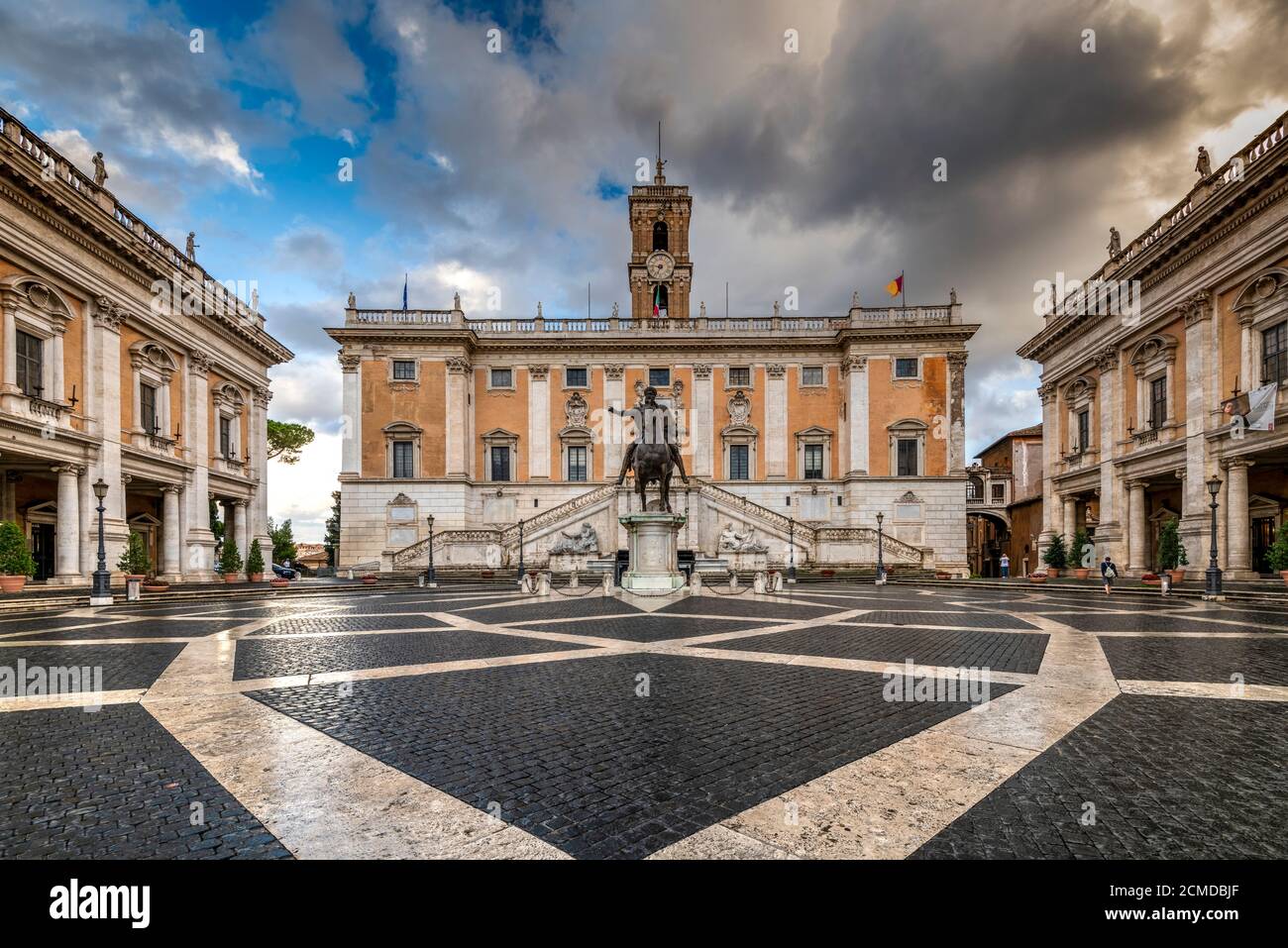 Piazza del Campidoglio with Palazzo Senatorio and the replica of the equestrian statue of Marcus Aurelius, Rome, Lazio, Italy Stock Photo