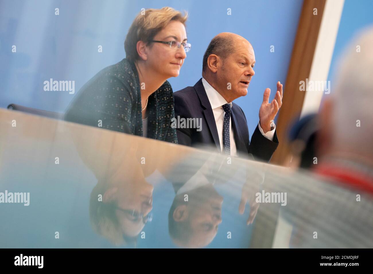 German Finance Minister Olaf Scholz and state legislator Klara Geywitz attend a news conference on their joint bid to lead their centre-left SPD party in Berlin, Germany, August 21, 2019.   REUTERS/Axel Schmidt Stock Photo