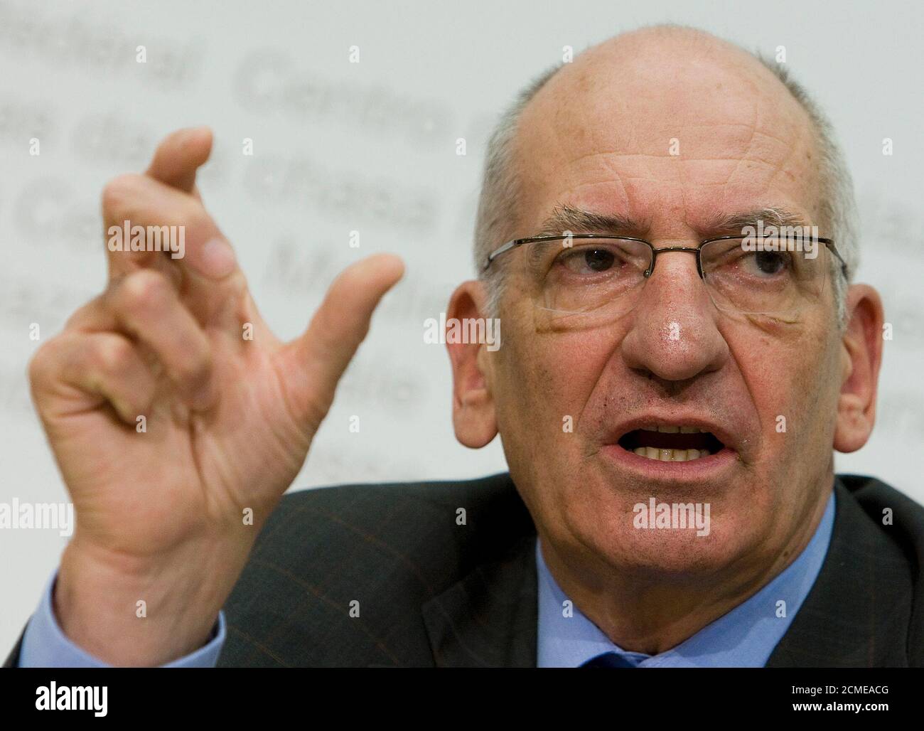 Swiss Interior Minister Pascal Couchepin gestures during a news conference on the popular vote ' Yes to the complementary medicine' ('Ja zur Komplementaermedizin') in Bern April 9, 2009. REUTERS/Pascal Lauener (SWITZERLAND POLITICS HEADSHOT) Stock Photo