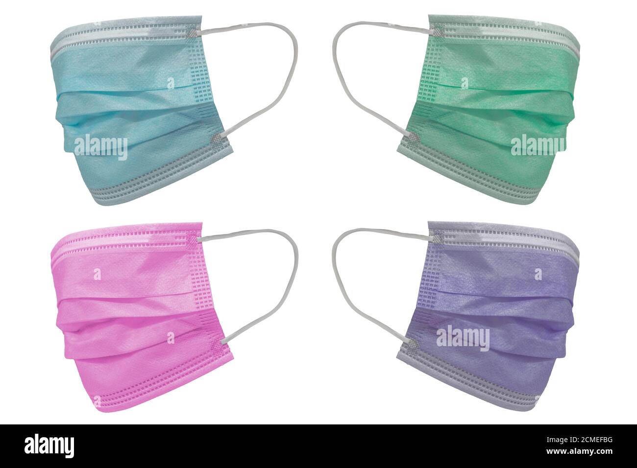 Four surgical masks of different colours, with rubber ear straps. Typical 3ply surgical mask to