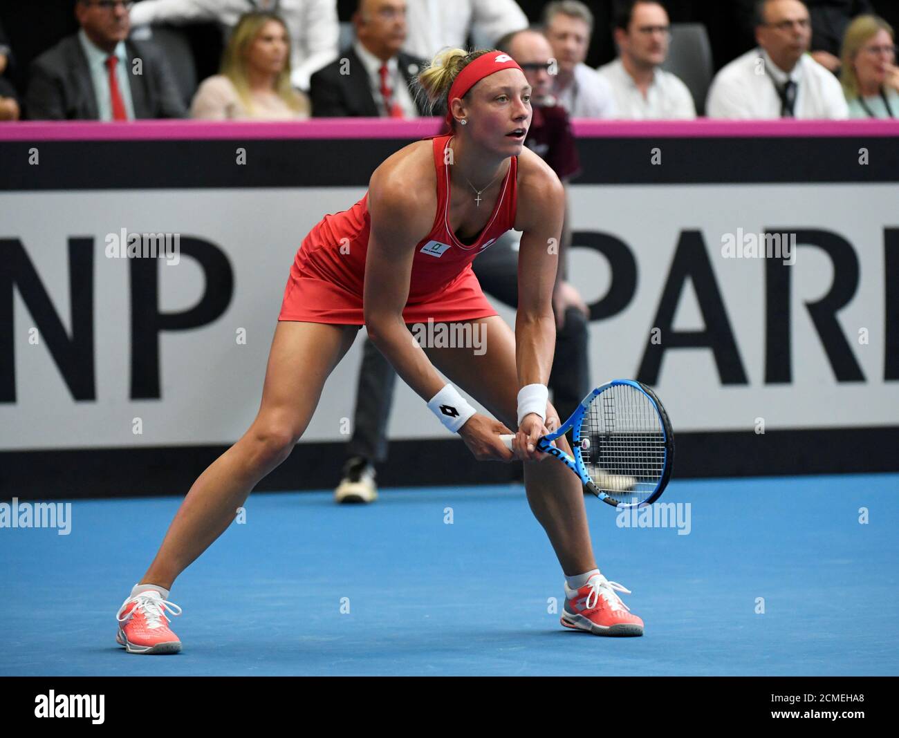 Tennis - Fed Cup - World Group Playoffs - Belgium v Spain - Lange Munte  Kortrijk, Kortrijk, Belgium - April 21, 2019 Belgium's Yanina Wickmayer in  action during her match against Spain's