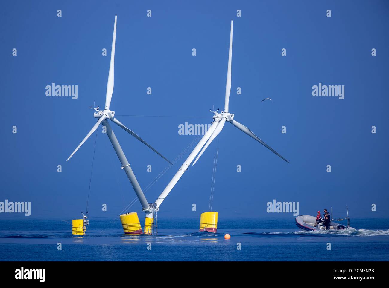 16 September 2020, Mecklenburg-Western Pomerania, Vierow: Fitters anchor the model of a plant with floating wind turbines in the Greifswald Bodden for test series. The energy company EnBW and the Schleswig-Holstein wind turbine manufacturer Aerodyn Engineering now want to test Nezzy2 in the sea with waves. The research project involves a new offshore technology in which the wind turbines float on the water. Until now, offshore turbines have been firmly anchored on steel frames in the seabed. The model plant is equipped with two rotors and is 18 meters high. In later regular operation at sea, t Stock Photo