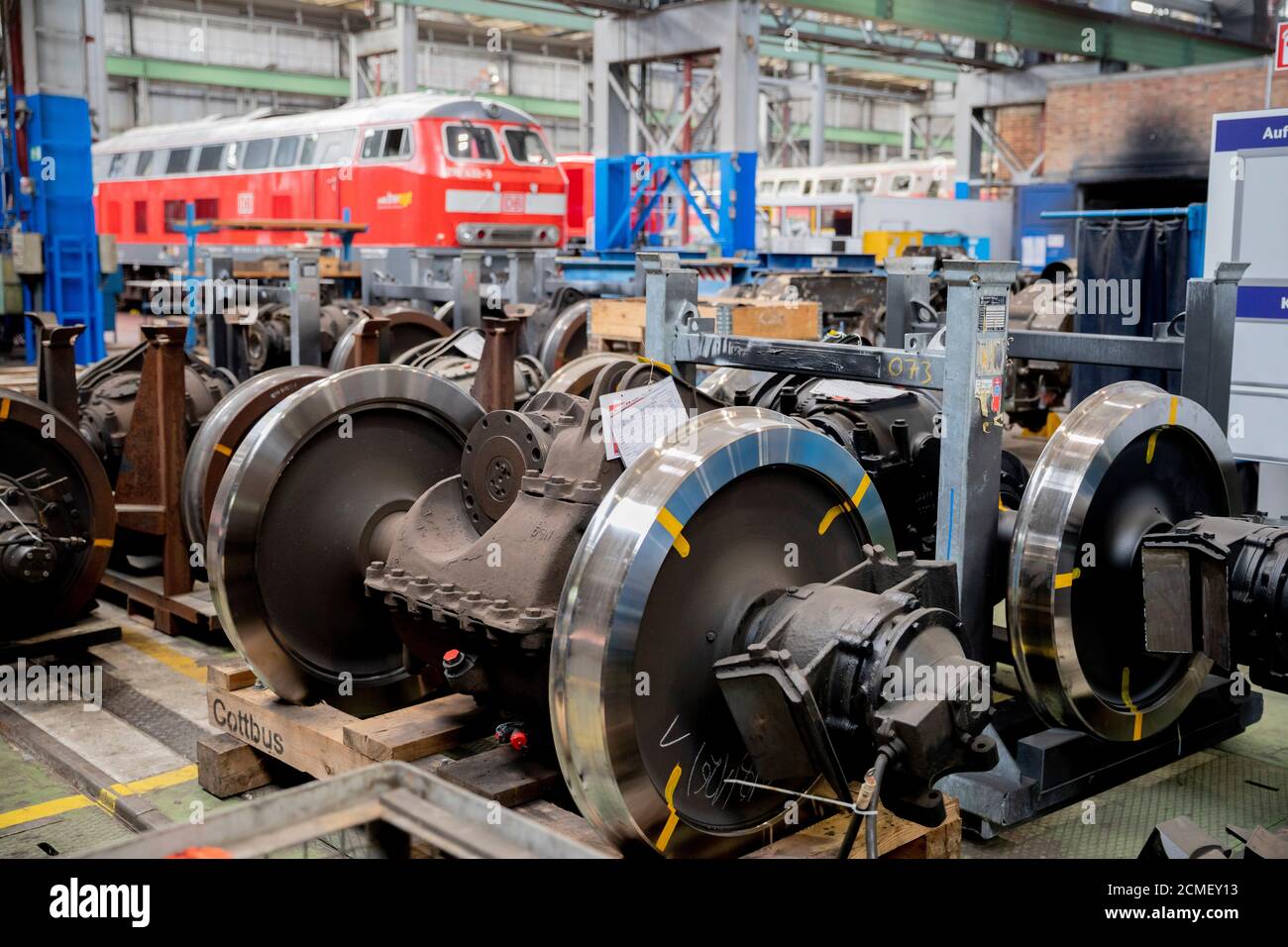 Cottbus, Germany. 17th Sep, 2020. Axles are at the presentation of Deutsche Bahn's development plans for the Lusatia region and the Cottbus site at the DB Fahrzeuginstandhaltung Cottbus plant. The expansion of the railway plant is one of the investments made by the federal government as part of the structural strengthening of Lusatia, because the phasing out of lignite is planned by 2038. Credit: Christoph Soeder/dpa/Alamy Live News Stock Photo