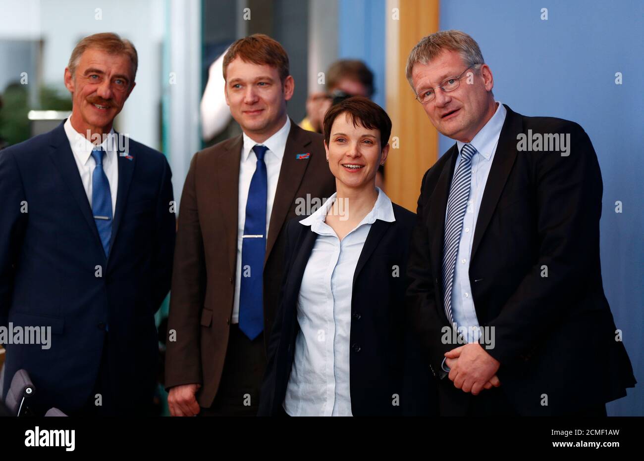 Frauke Petry 2r Chairwoman Of The Anti Immigration Party Alternative For Germany Afd And Uwe Junge Afd Candidate In Rhineland Palatinate Andre Poggenburg Candidate In Saxony Anhalt And Joerg Meuthen Candidate In Baden Wuerttemberg L R Arrive