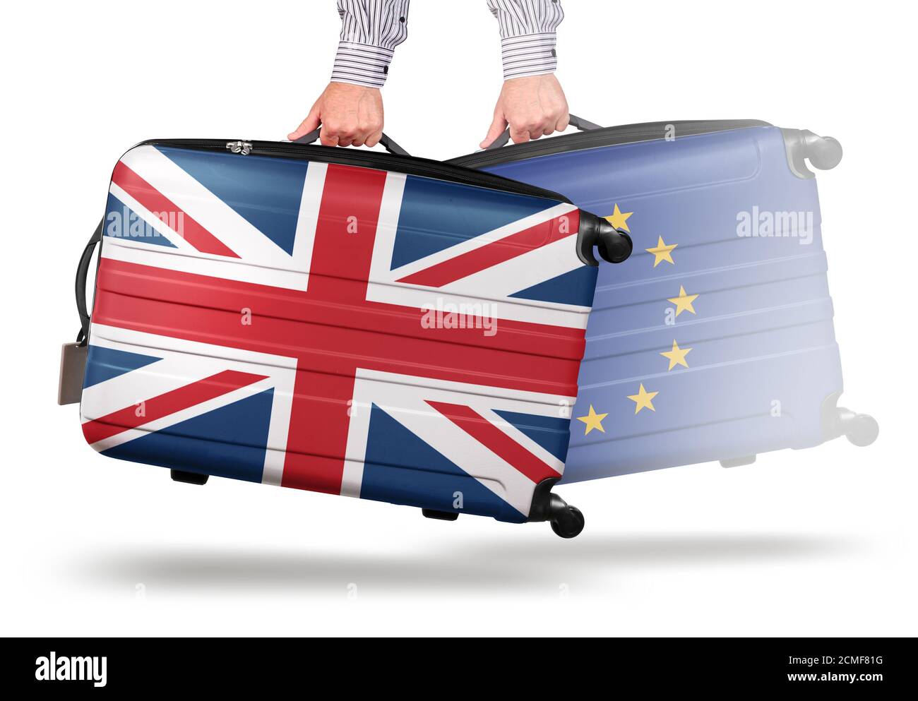 Hand holding modern suitcase Union Jack design. leaving EU isolated on white Brexit concept Stock Photo