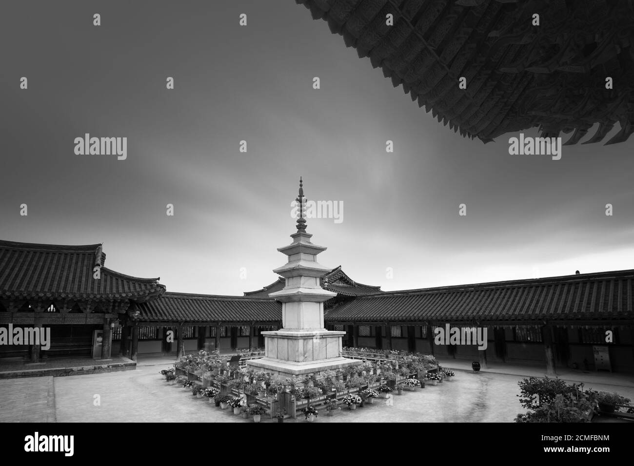 black / white, beautiful scenery of stone pagoda in Bulguksa Temple with long exposure, Gyeongju, Korea Stock Photo