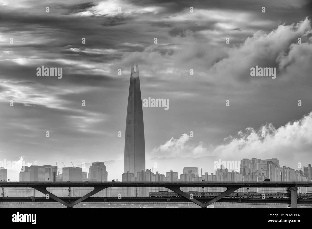black / white, beautiful landscape of  Lotte World Tower and bridge over Han river, Seoul, Korea Stock Photo