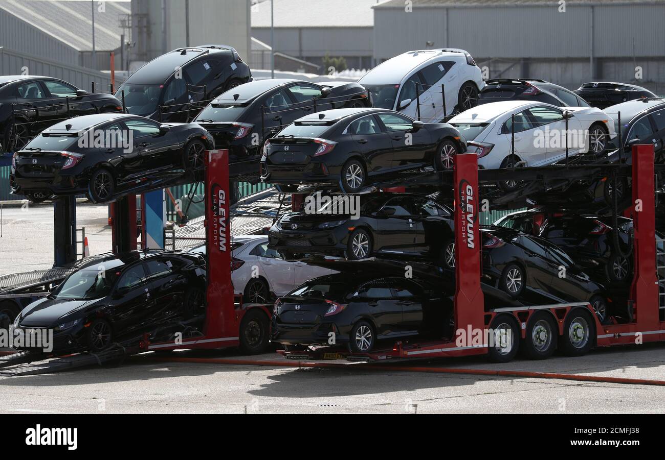 Honda cars arrive by car transporter to be lined up at Southampton