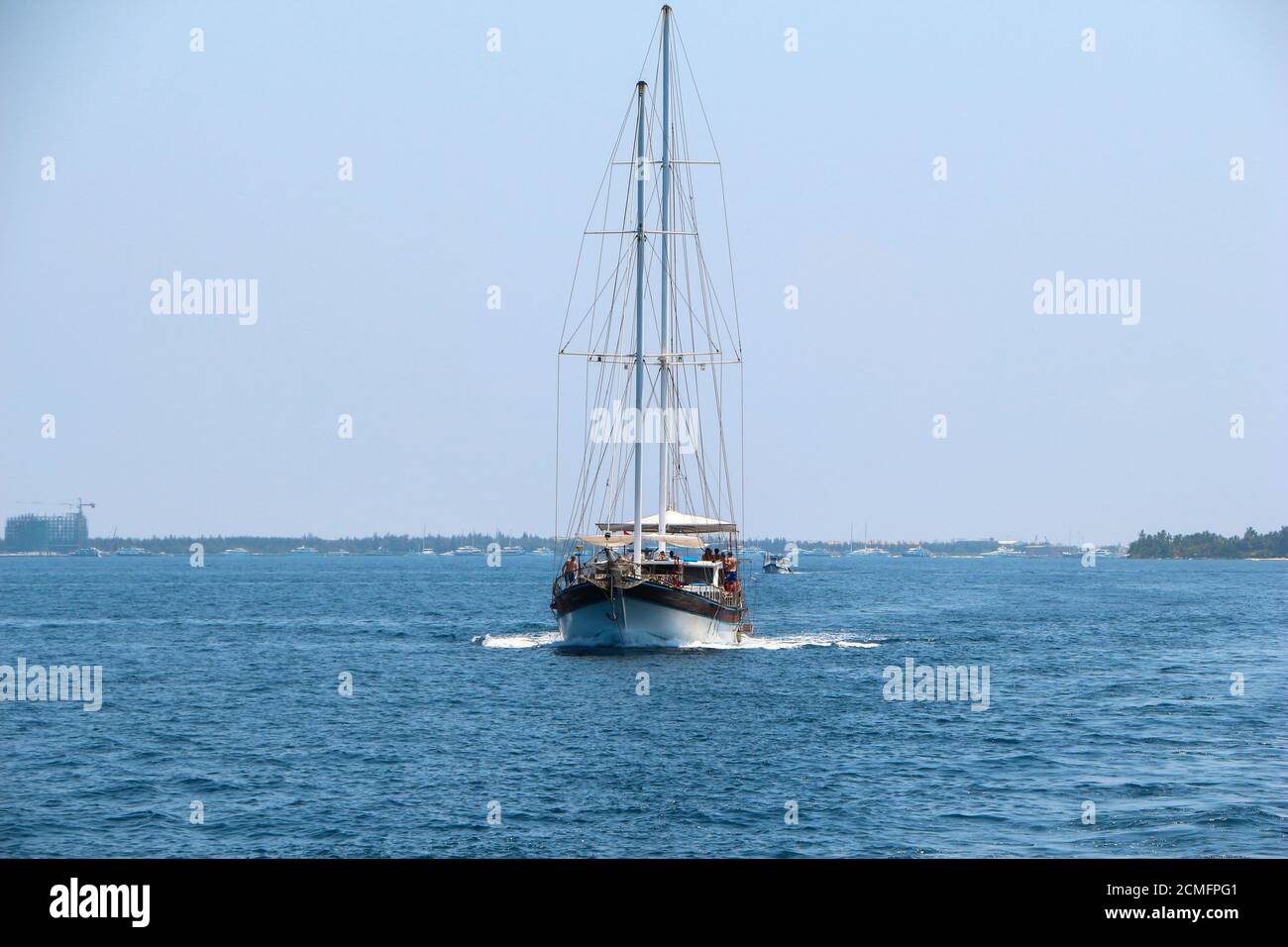 A nautical landscape with retro sailboat. Sea voyage on sailing yacht