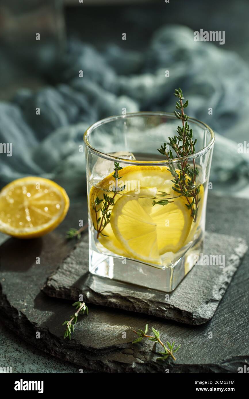 Rum lemon thyme cocktail Stock Photo