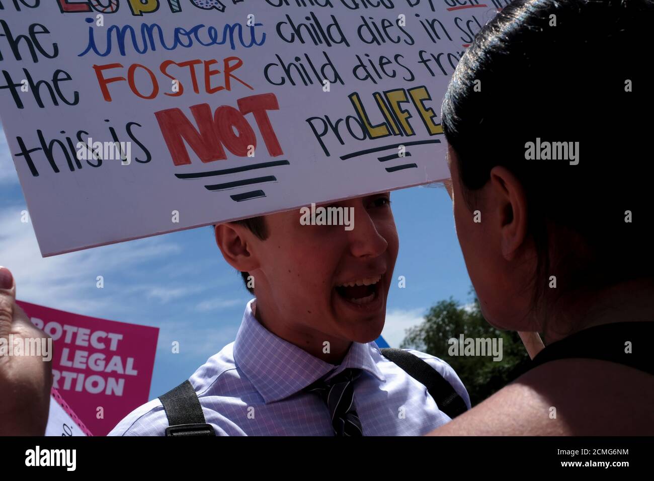 Pro-life activist Boris Kizenko of Holmdel, New Jersey counter-demonstrates at a protest against anti-abortion legislation at the U.S. Supreme Court in Washington, U.S., May 21, 2019. REUTERS/James Lawler Duggan Stock Photo