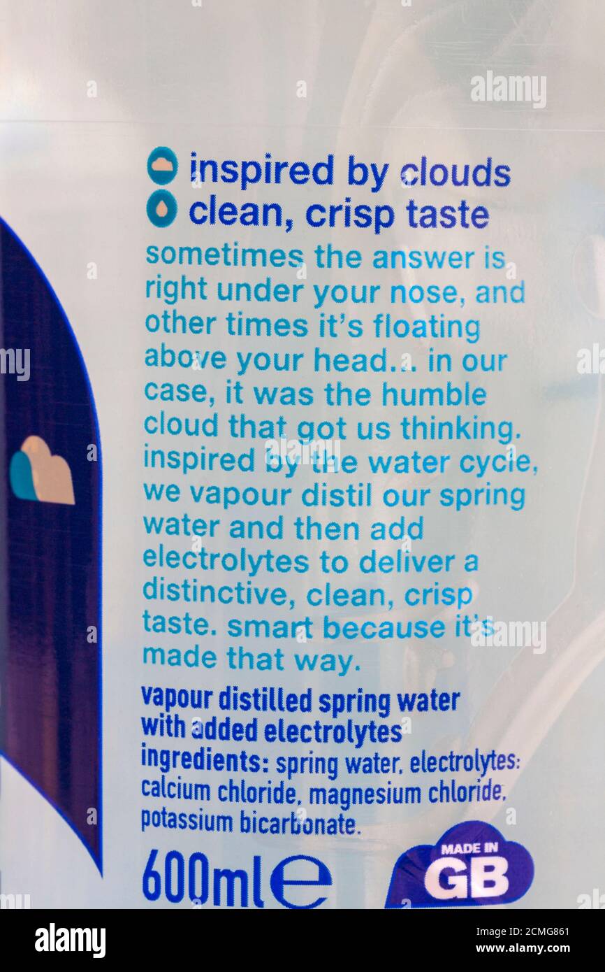 inspired by clouds, clean crisp taste - detail on bottle of Glaceau smart water vapour distilled water with added electrolytes Stock Photo