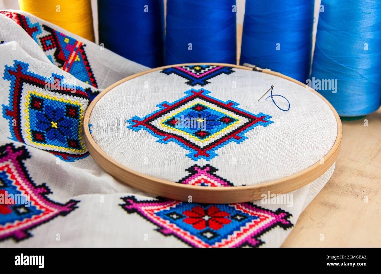 Traditional Slavic geometric pattern embroidered stitch cross Stock Photo