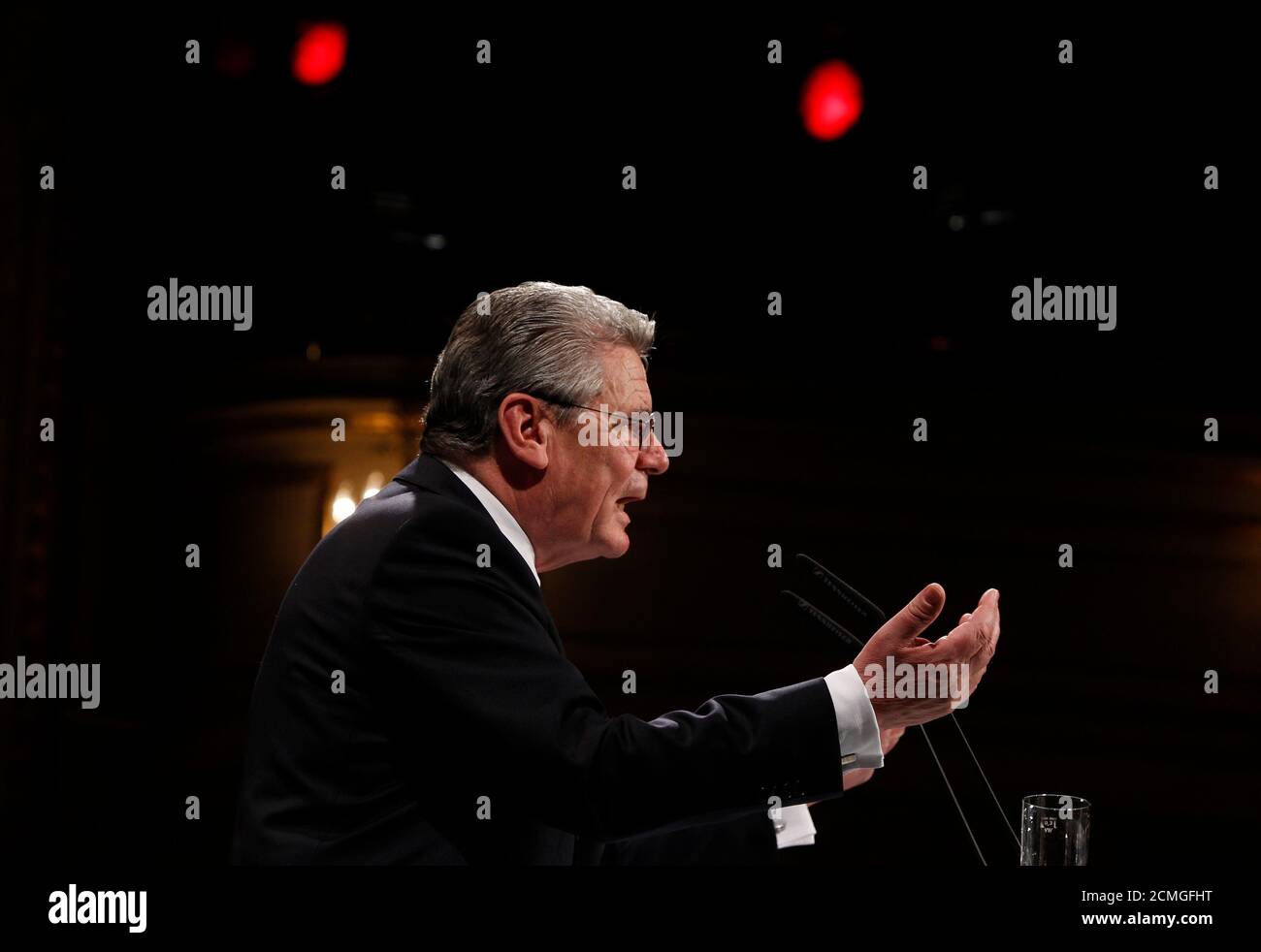 German presidential candidate Joachim Gauck delivers a speech in the Deutsches Theater (German Theatre) in Berlin, June 22, 2010. The vote for the largely ceremonial post of German president is shaping up as a big test for Chancellor Angela Merkel who has been dogged by falling popularity, policy spats in her centre-right coalition and accusations of weak leadership. A failure by Merkel to push through the conservative candidate Christian Wulff, the premier of the state of Lower Saxony, would be widely viewed as a major defeat for her. Gauck, a former Protestant pastor who played an important  Stock Photo