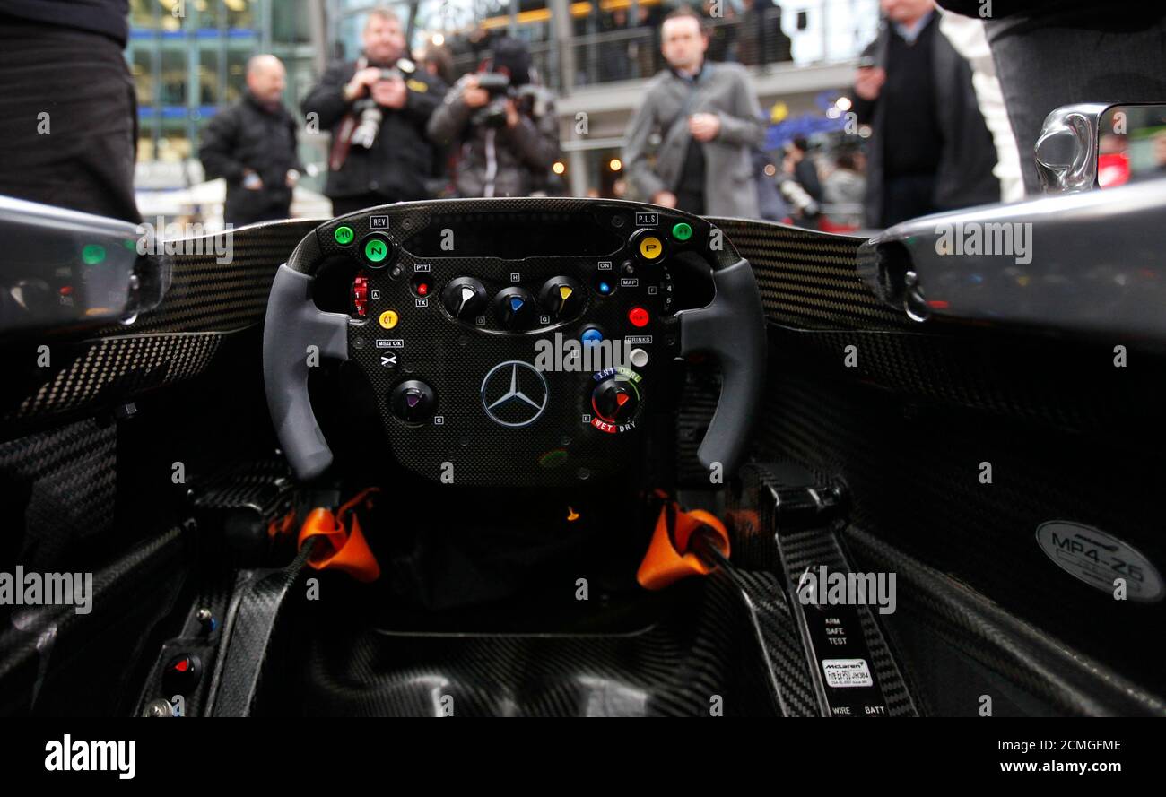A picture shows the cockpit of the new Formula One McLaren Mercedes MP4-26 racing car during its unveiling ceremony in Berlin, February 4, 2011.  REUTERS/Thomas Peter  (GERMANY - Tags: SPORT MOTOR RACING) Stock Photo