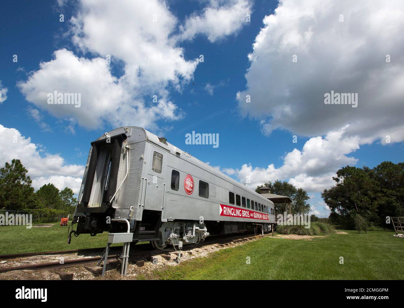 A rail line car used formerly for training the Asian Elephants sits on the property at the Ringling Bros. and Barnum & Bailey Center for Elephant Conservation in Polk City, Florida September 30, 2015. At a Florida retirement home for former circus elephants, residents enjoy a steady diet of high-quality hay and local fruits and vegetables, as well as baths and occasional walks.  Picture taken September 30, 2015. REUTERS/Scott Audette Stock Photo