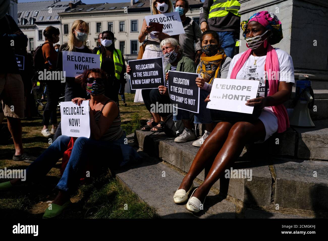 Brussels, Belgium. 17th Sep, 2020. Human rights activists protest in front of European Parliament during debate on Greek Moria refugee camp crisis at plenary session of European Parliament in Brussels, Belgium, 17 September 2020. Credit: ALEXANDROS MICHAILIDIS/Alamy Live News Stock Photo