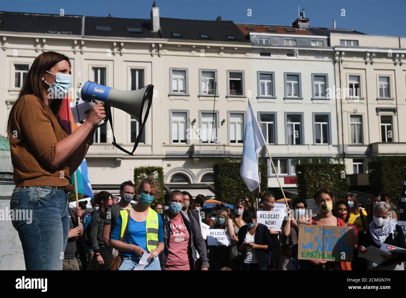 Brussels, Belgium. 17th Sep, 2020. Human rights activists protest in front of European Parliament during debate on Greek Moria refugee camp crisis at plenary session of European Parliament in Brussels, Belgium, 17 September 2020. Credit: ALEXANDROS MICHAILIDIS/Alamy Live News Stock Photo
