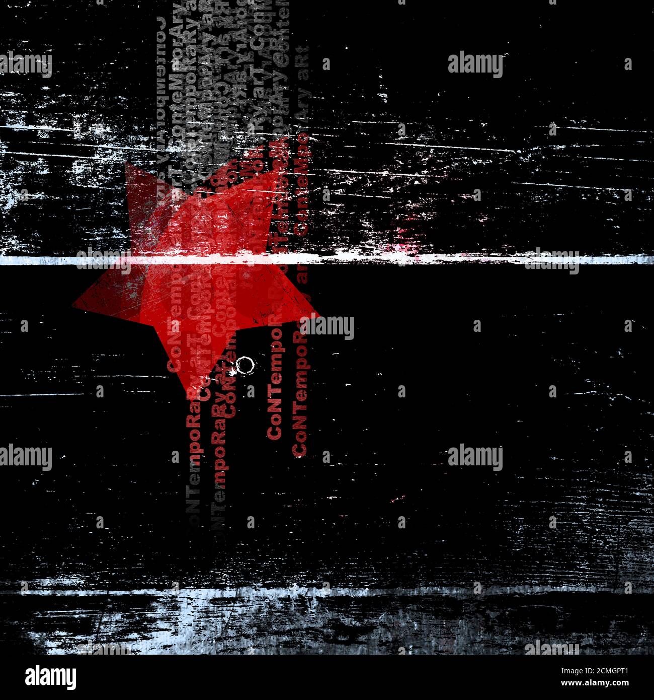 Black poster with a red star and abstract text. Stock Photo