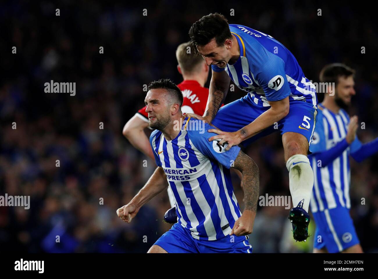 Soccer Football - Premier League - Brighton & Hove Albion v Manchester United - The American Express Community Stadium, Brighton, Britain - May 4, 2018   Brighton's Shane Duffy celebrates after the match with Lewis Dunk   REUTERS/Eddie Keogh    EDITORIAL USE ONLY. No use with unauthorized audio, video, data, fixture lists, club/league logos or "live" services. Online in-match use limited to 75 images, no video emulation. No use in betting, games or single club/league/player publications.  Please contact your account representative for further details. Stock Photo