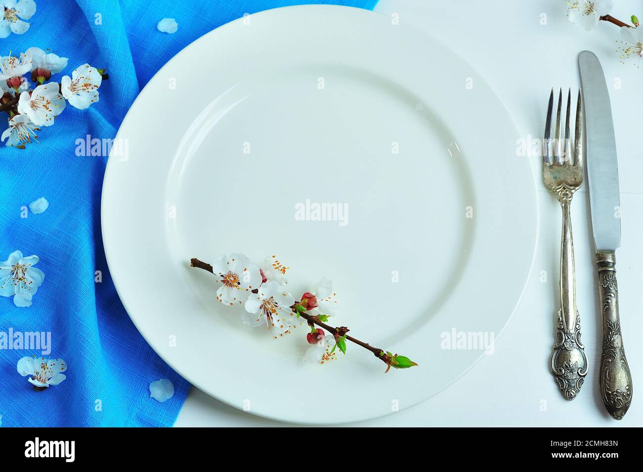 Empty white ceramic plate with iron vintage cutlery Stock Photo
