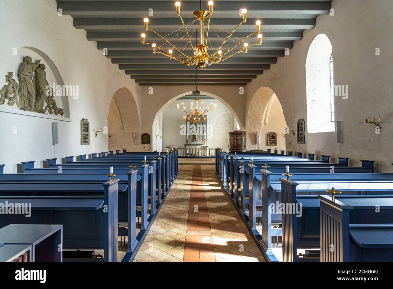 Innenraum der Selde Kirche in Selde, Roslev, Skive, Dänemark, Europa |  Selde Church interior in Selde, Roslev, Skive, Denmark, Europe Stock Photo
